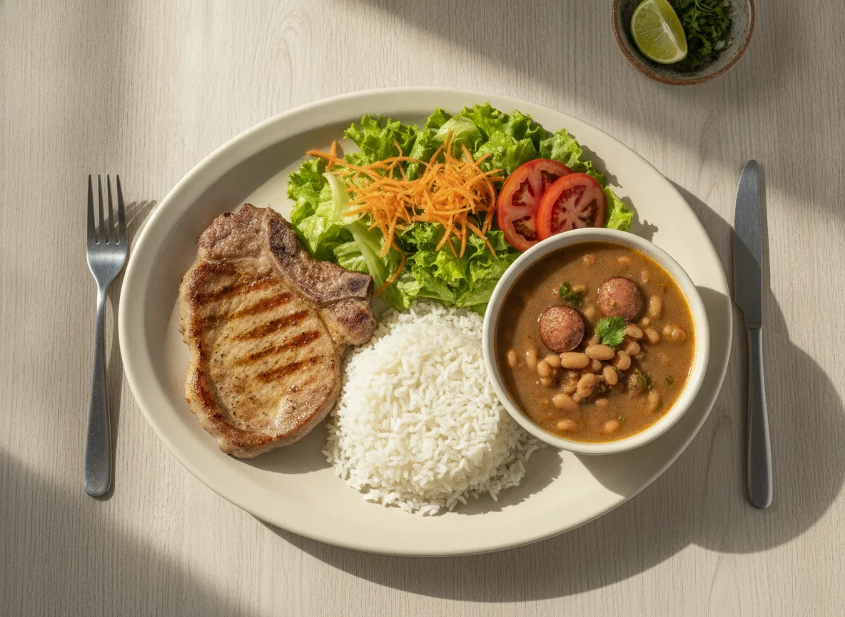 Prato feito brasileiro com bife de porco, arroz, feijão e salada photo