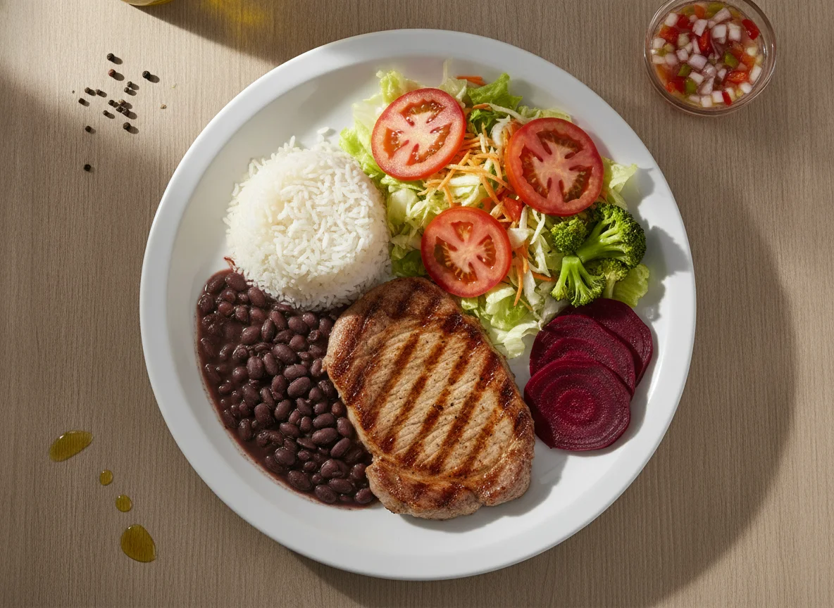 Prato Feito Brasileiro com Bife de Porco e Salada photo