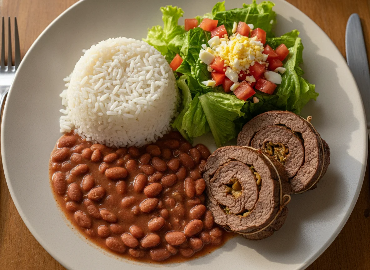 Prato feito brasileiro com bife de rolo, arroz, feijão e salada photo