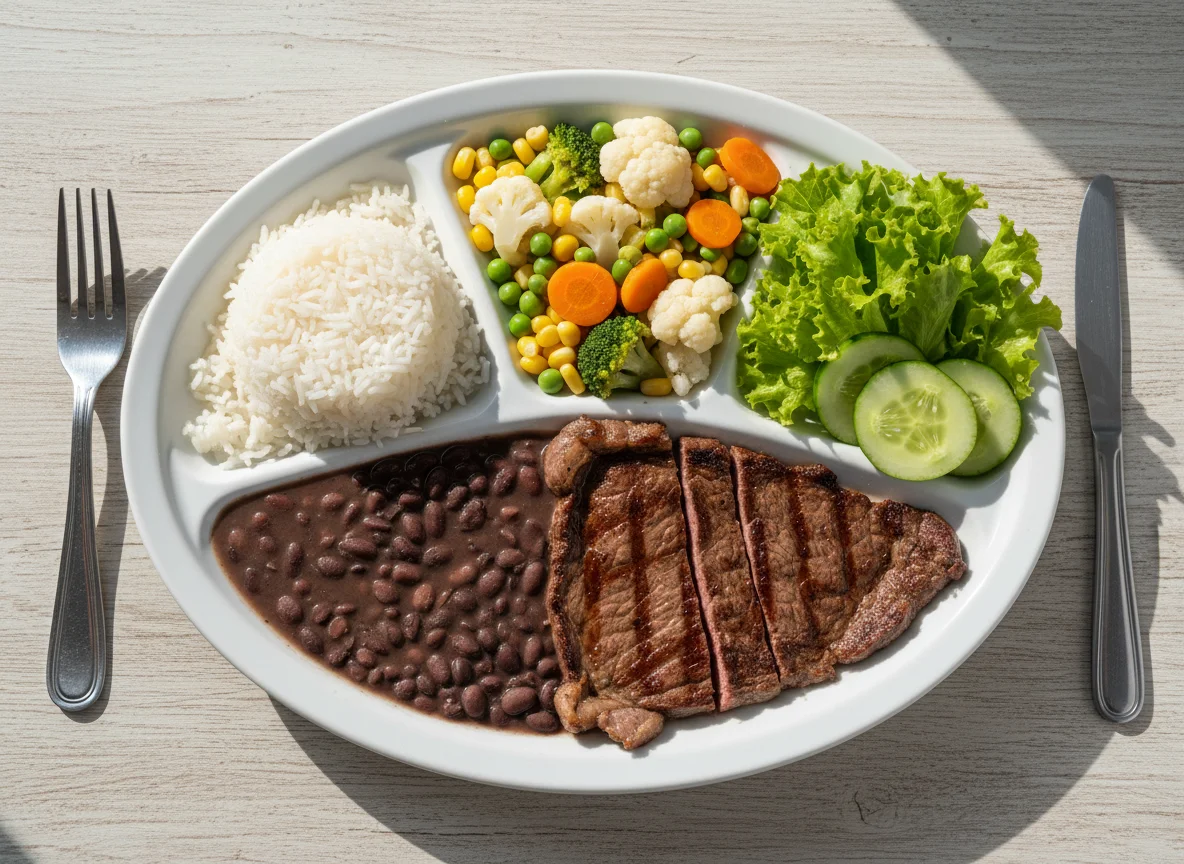 Prato feito brasileiro com bife e legumes photo