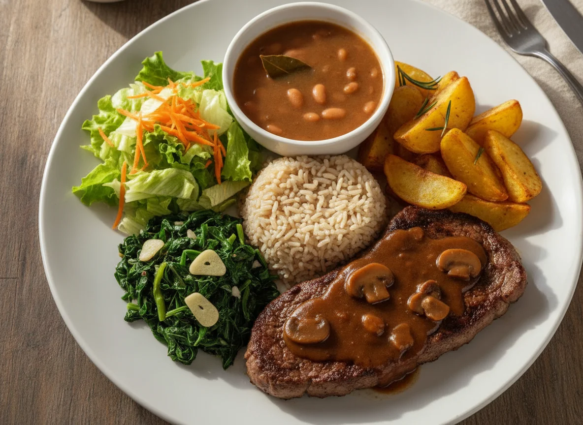 Prato Feito Brasileiro com Bife e Molho Madeira photo