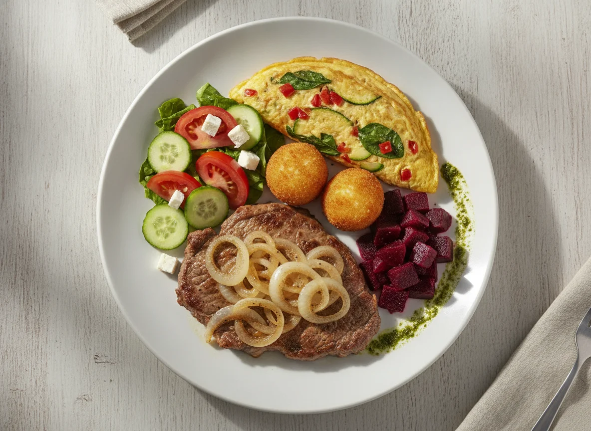 Prato Feito Brasileiro com Bife e Omelete photo