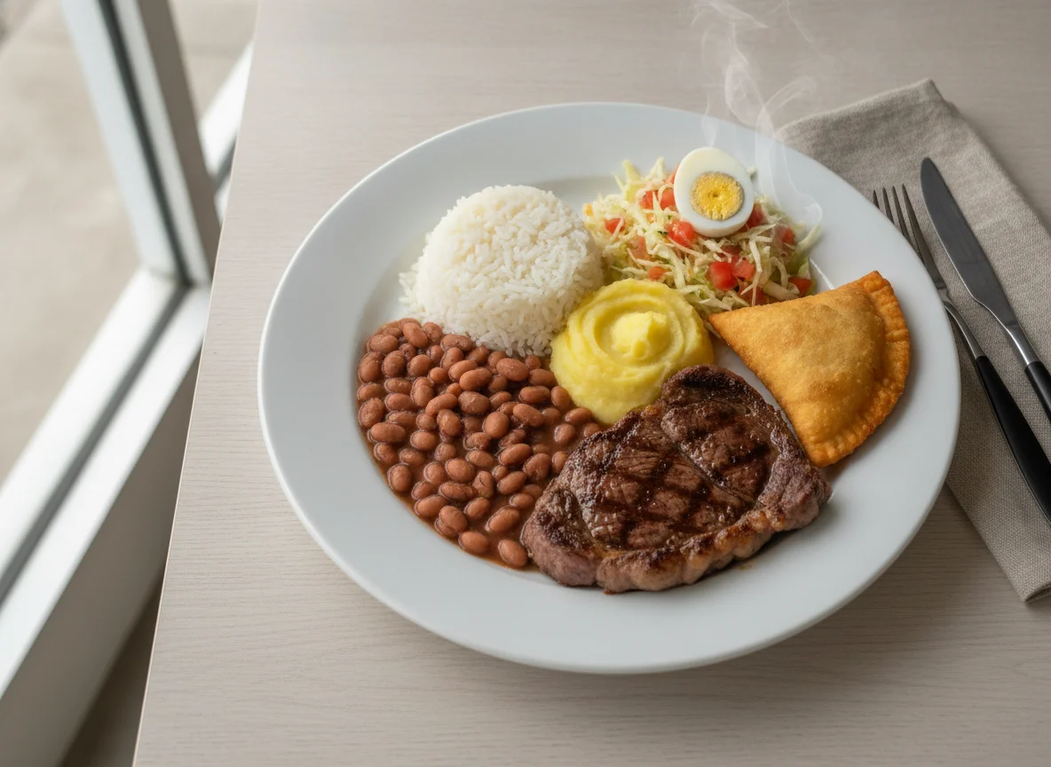 Prato Feito Brasileiro com Bife e Pastel photo