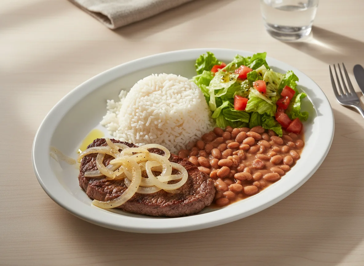 Prato feito brasileiro com bife e salada photo