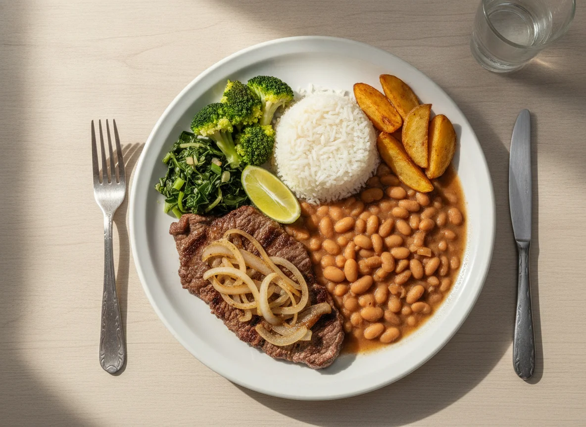 Prato Feito Brasileiro com Bife, Feijão, Arroz, Batata e Vegetais photo
