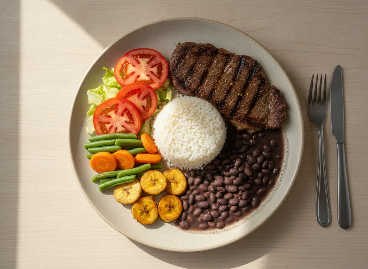 Prato Feito Brasileiro com Bife, Feijão, Arroz e Salada photo