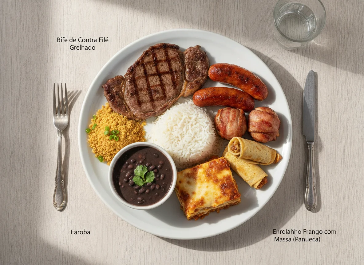 Prato Feito Brasileiro com Bife, Feijão e Acompanhamentos photo
