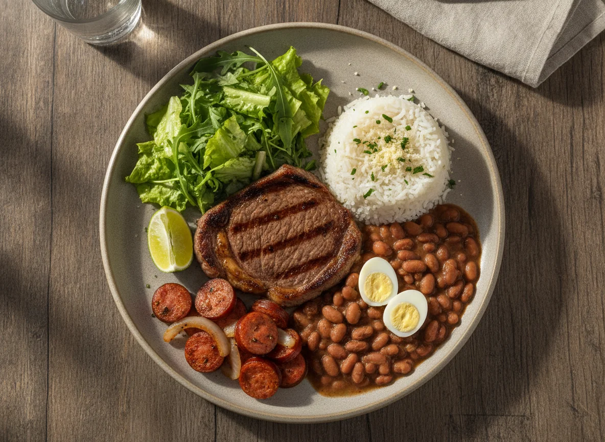 Prato Feito Brasileiro com Bife, Feijão e Arroz photo