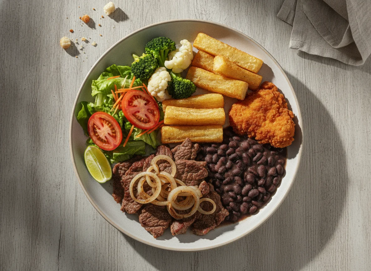Prato Feito Brasileiro com Bife, Feijão e Salada photo