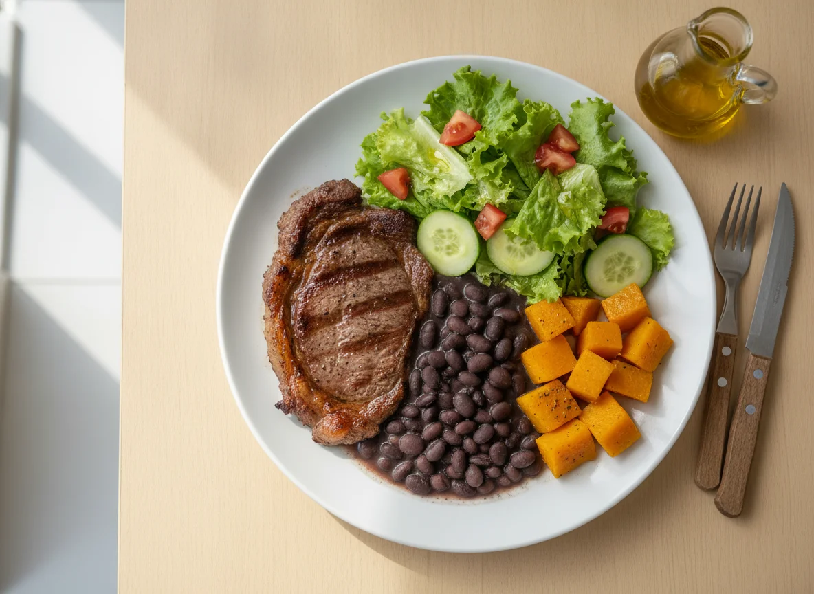 Prato feito brasileiro com bife, feijão preto, abóbora e salada photo
