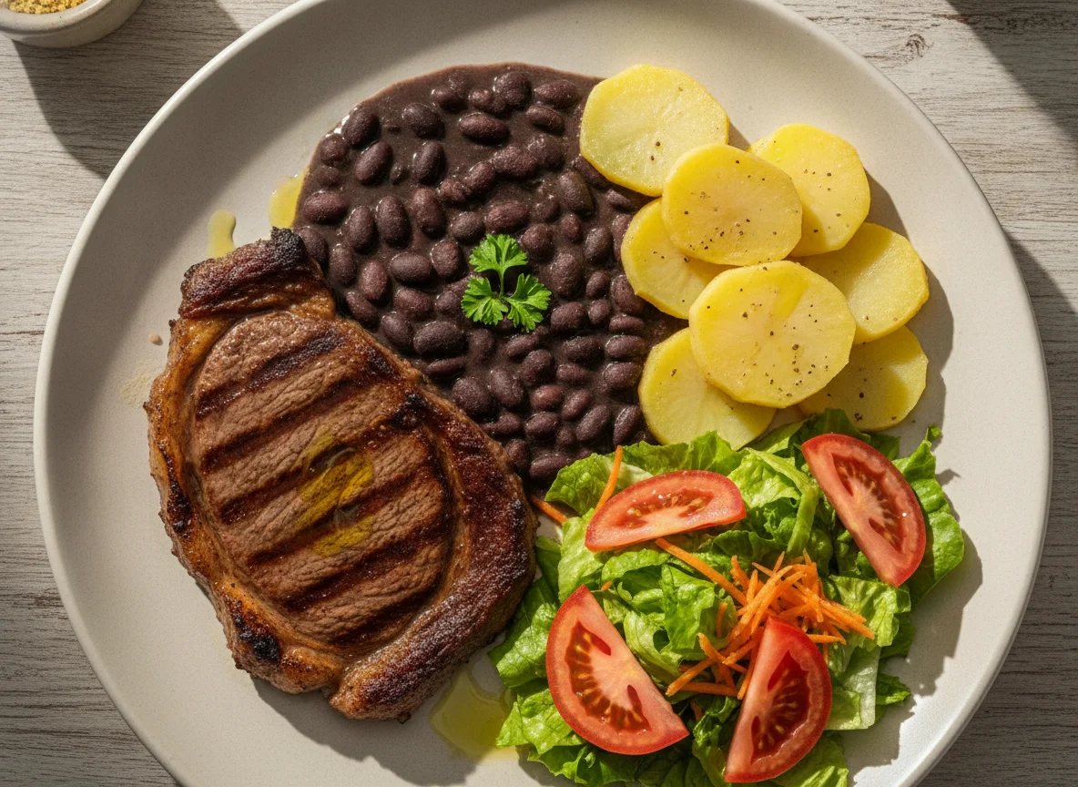 Prato Feito Brasileiro com Bife, Feijão Preto e Salada photo