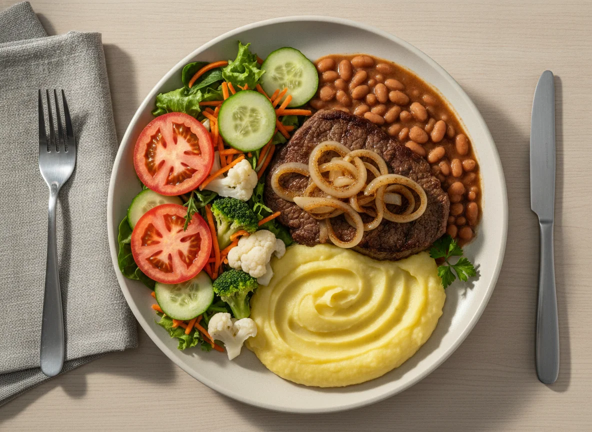 Prato Feito Brasileiro com Bife, Feijão, Purê e Salada photo