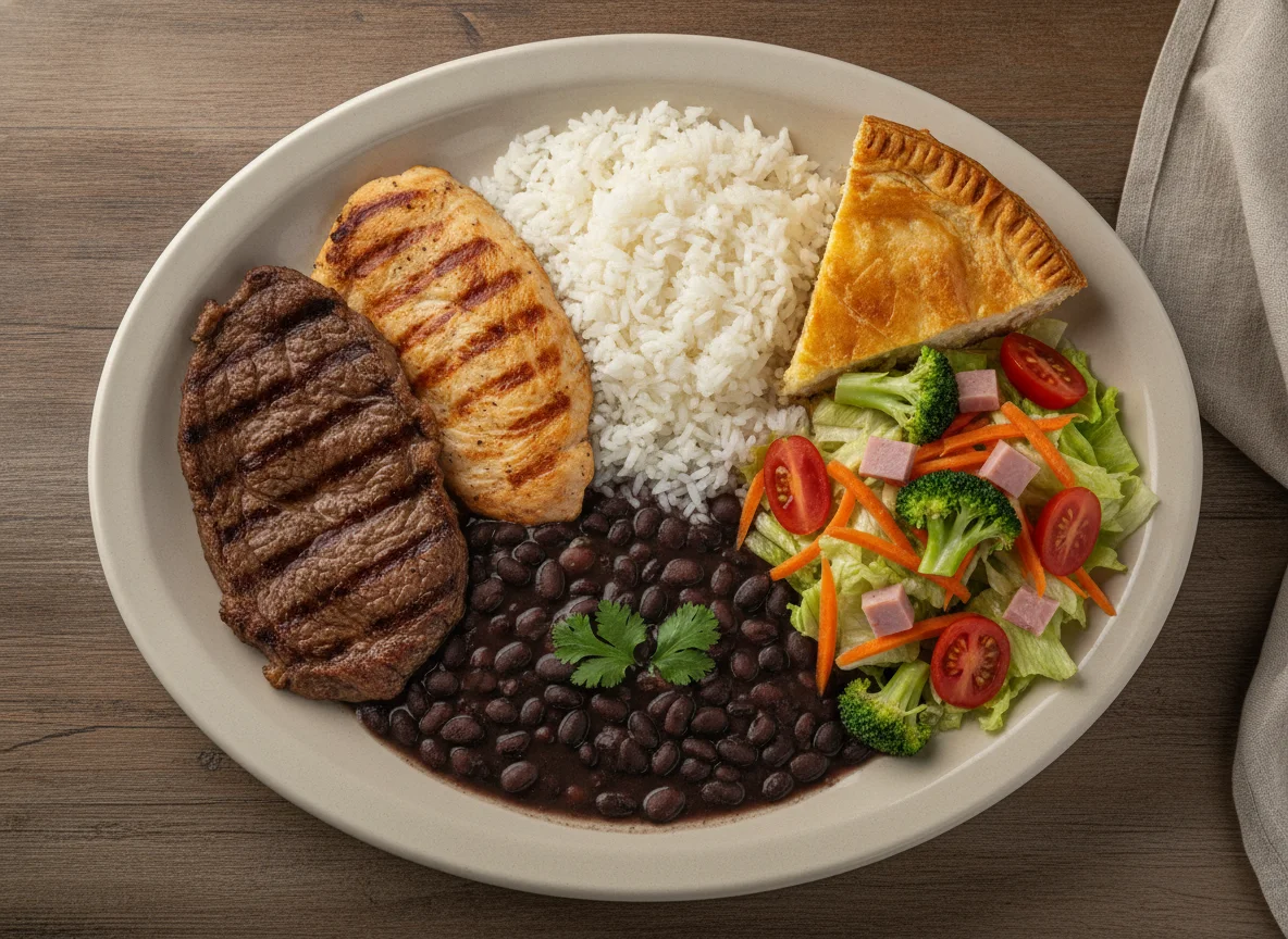 Prato Feito Brasileiro com Bife, Frango, Arroz e Feijão photo