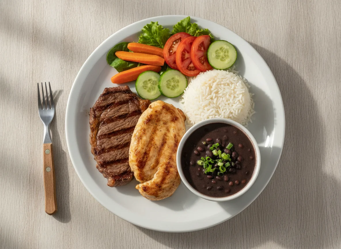 Prato Feito Brasileiro com Bife, Frango, Arroz, Feijão e Salada photo