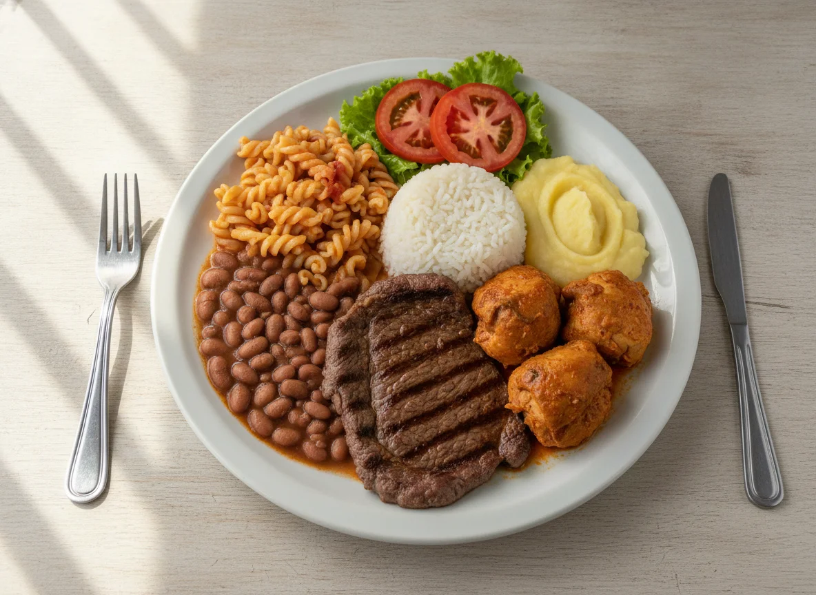 Prato Feito Brasileiro com Bife, Frango e Macarrão photo