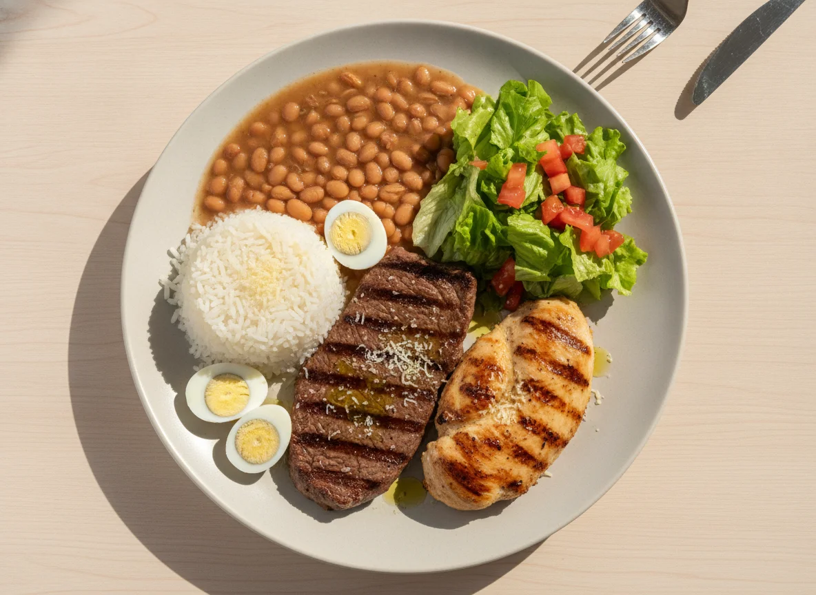 Prato Feito Brasileiro com Bife, Frango e Ovos de Codorna photo