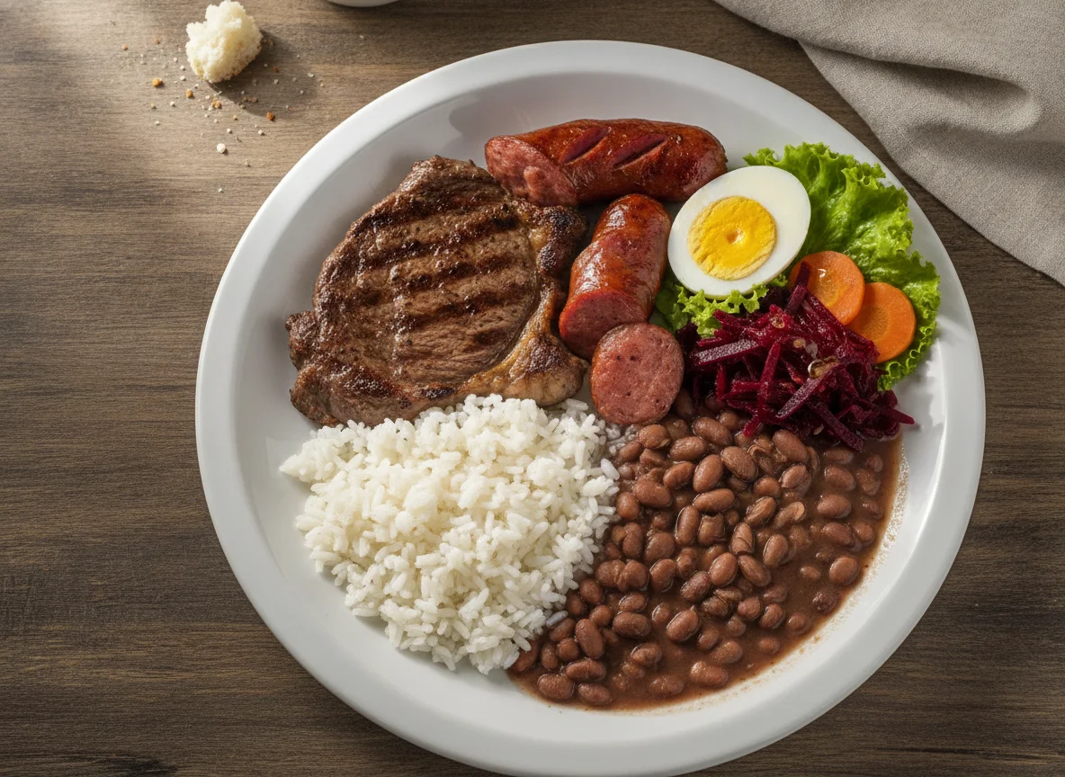 Prato Feito Brasileiro com Bife, Linguiça e Salada photo