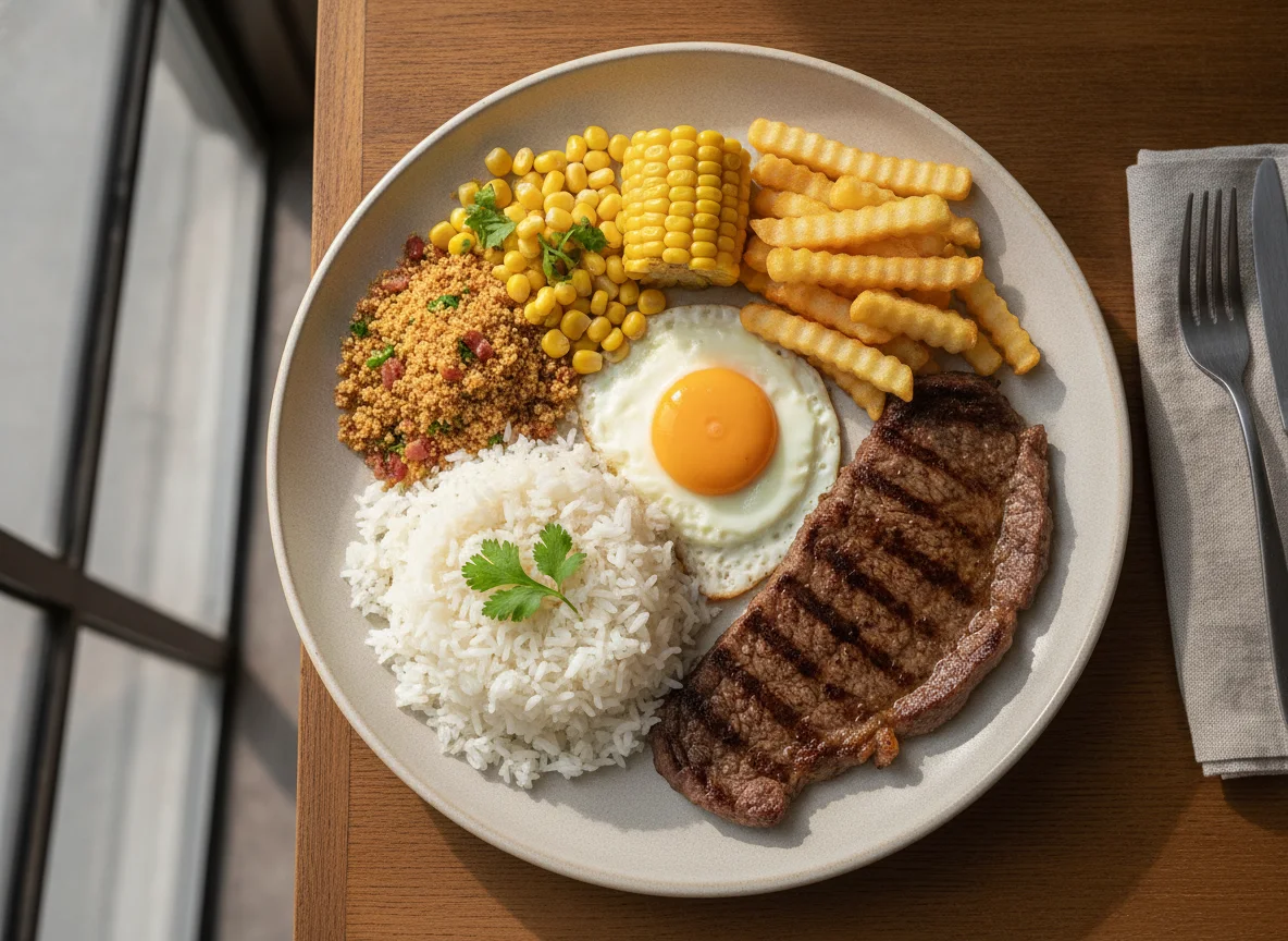 Prato Feito Brasileiro com Bife, Ovo, Arroz, Batata Frita e Milho photo
