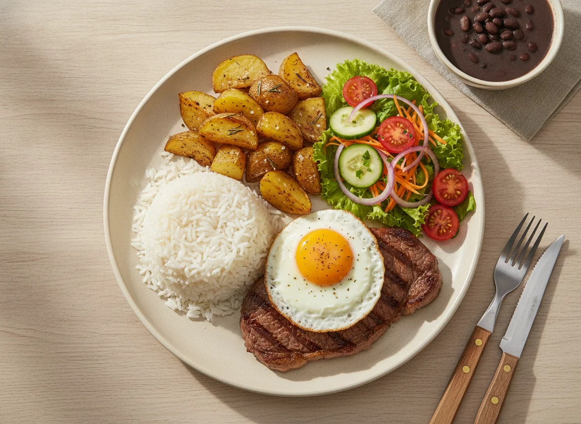 Prato Feito Brasileiro com Bife, Ovo, Arroz, Batatas e Salada photo