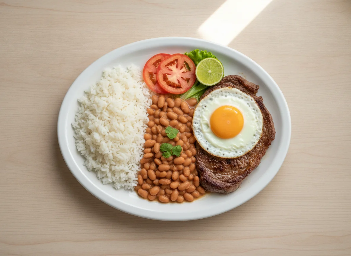 Prato feito brasileiro com bife, ovo, arroz e feijão photo