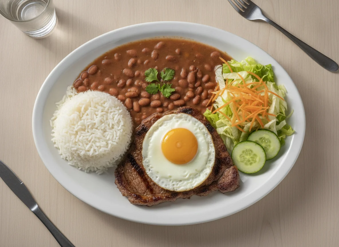 Prato feito brasileiro com bife, ovo, arroz, feijão e salada photo