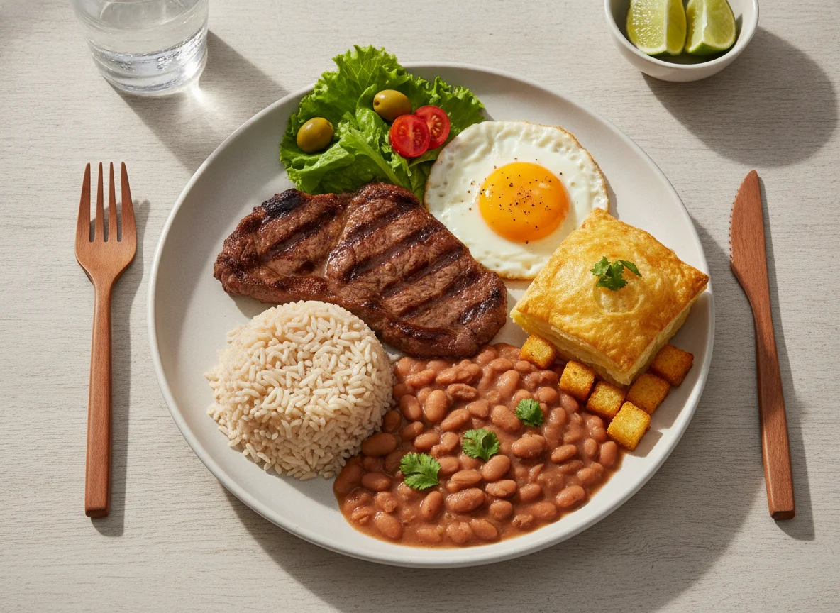 Prato Feito Brasileiro com Bife, Ovo, Arroz, Feijão e Torta de Camarão photo