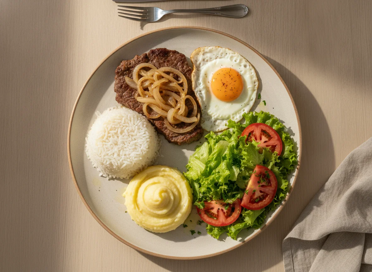 Prato feito brasileiro com bife, ovo, arroz, purê e salada photo