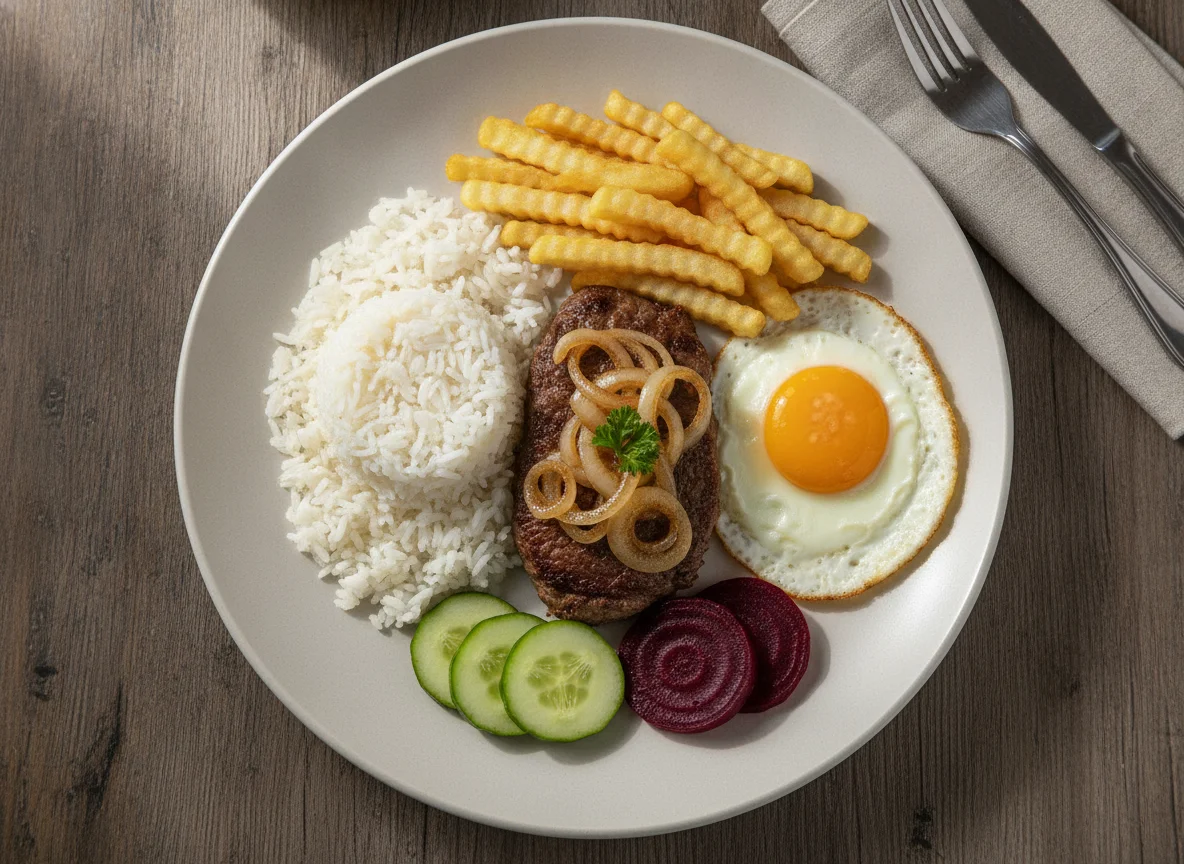 Prato Feito Brasileiro com Bife, Ovo e Batatas photo