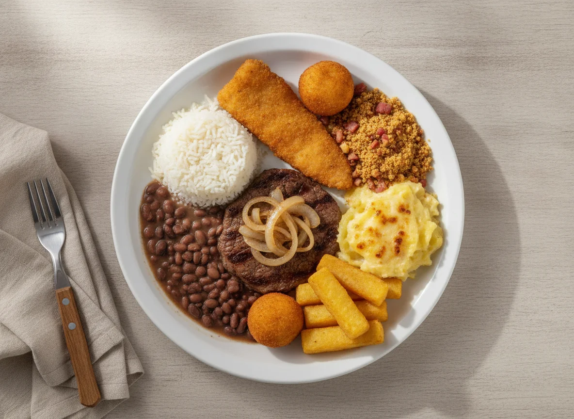 Prato Feito Brasileiro com Bife, Peixe Empanado e Acompanhamentos photo