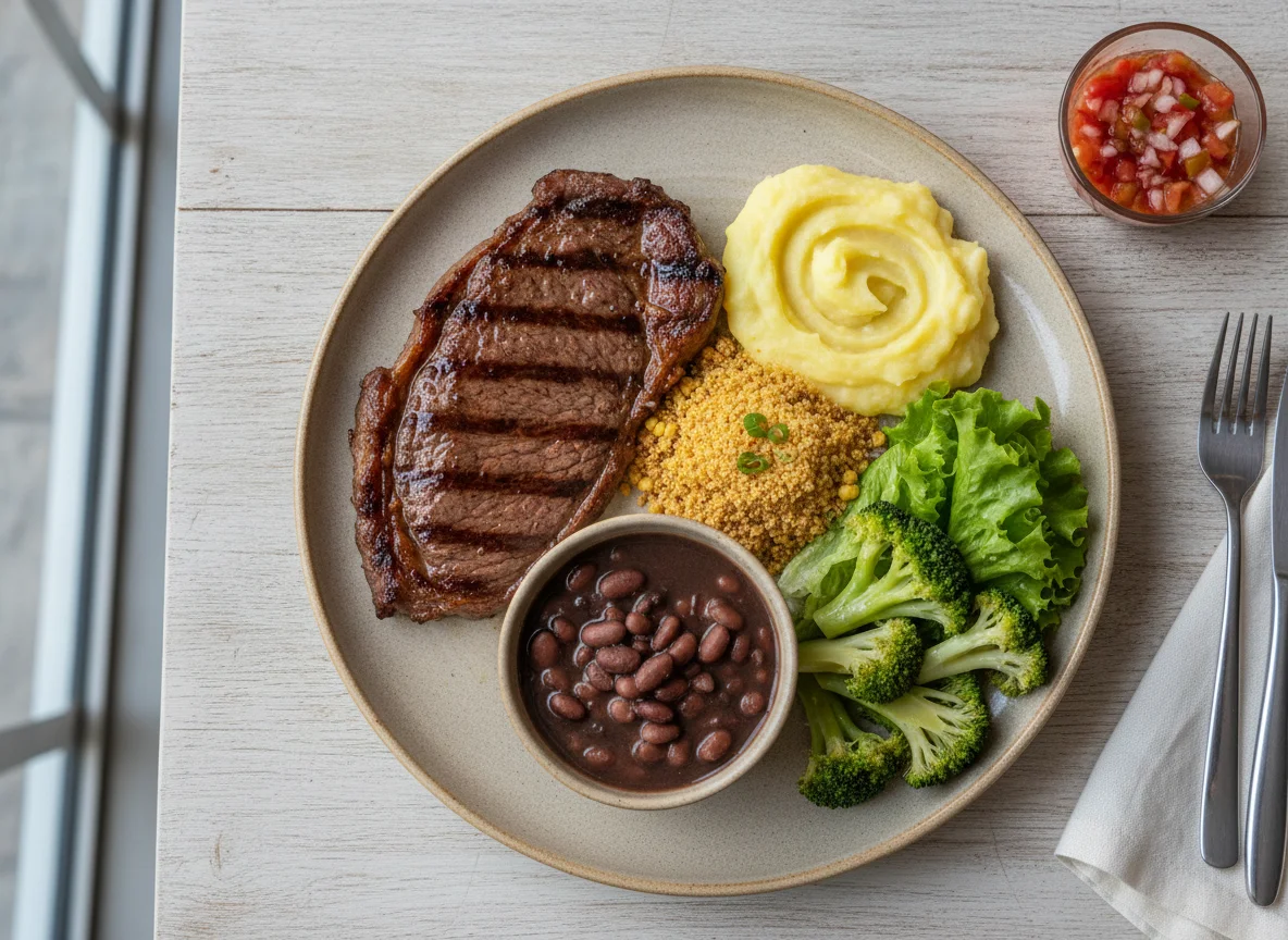 Prato Feito Brasileiro com Bife, Purê e Farofa photo