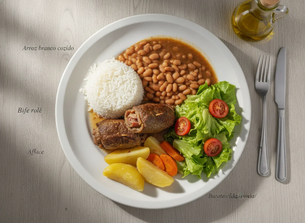 Prato Feito Brasileiro com Bife Rolê, Arroz, Feijão, Batata e Salada photo