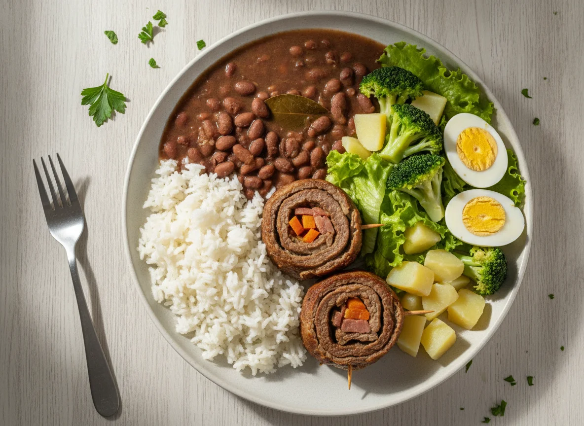 Prato feito brasileiro com bife rolê, arroz, feijão e salada photo