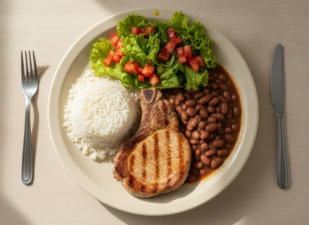 Prato feito brasileiro com bisteca de porco, arroz, feijão e salada photo