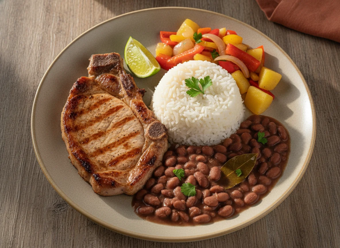 Prato feito brasileiro com bisteca de porco, arroz, feijão e refogado de legumes photo