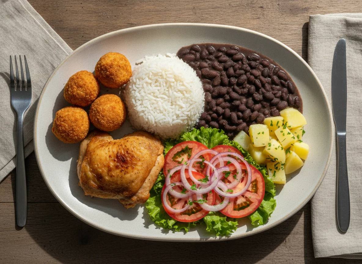 Prato feito brasileiro com bolinha de frango photo
