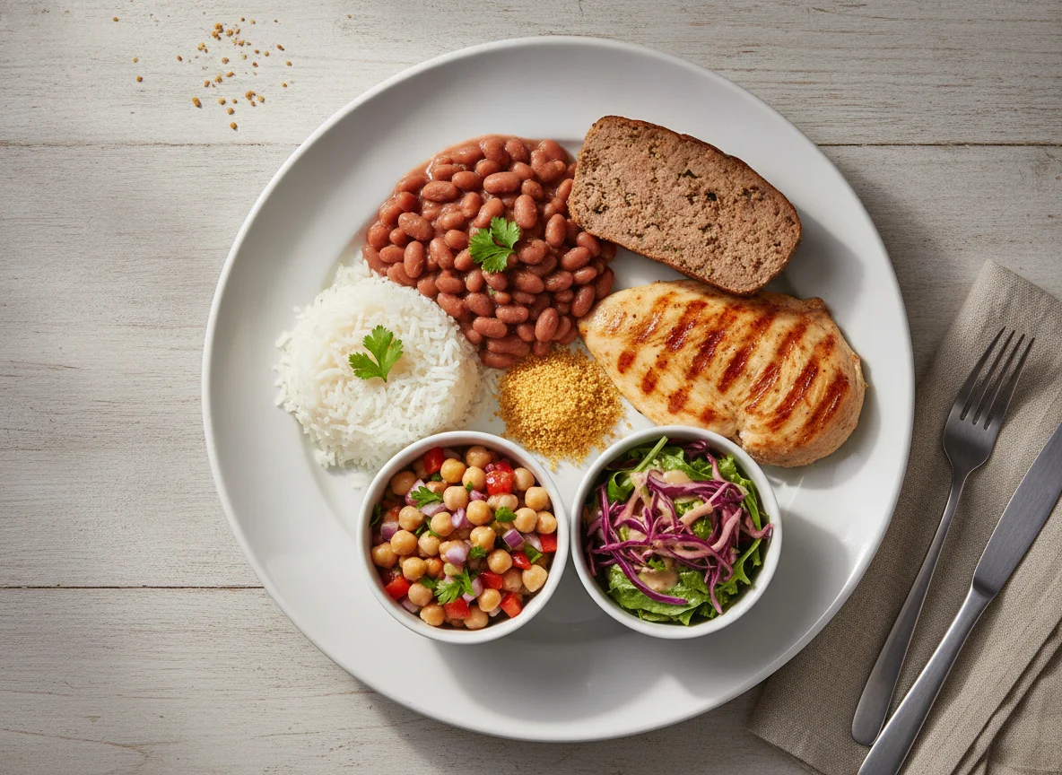 Prato Feito Brasileiro com Bolo de Carne e Saladas photo