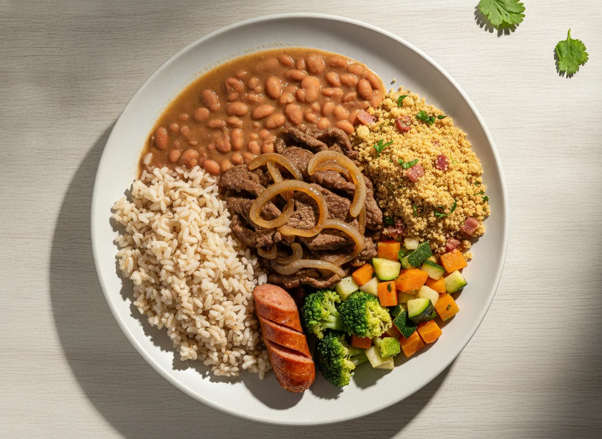 Prato Feito Brasileiro com Carne Acebolada, Arroz, Feijão e Farofa photo