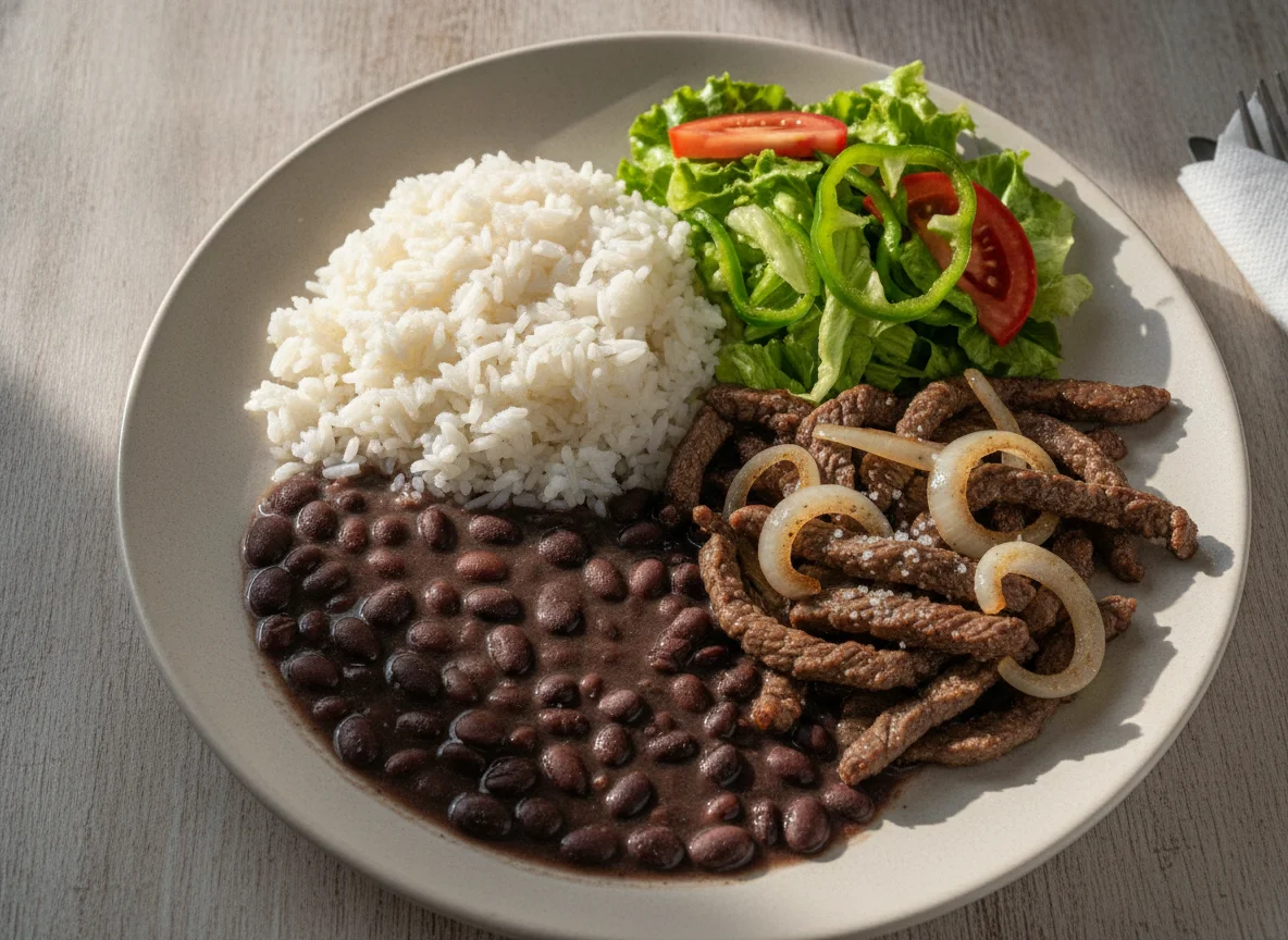 Prato feito brasileiro com carne acebolada, arroz, feijão e salada photo
