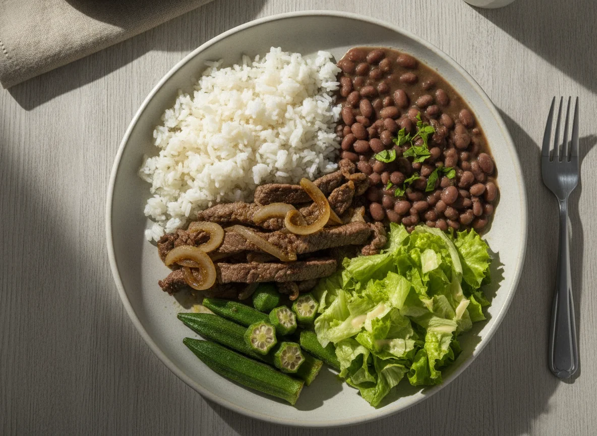 Prato feito brasileiro com carne acebolada, arroz, feijão, quiabo e salada photo