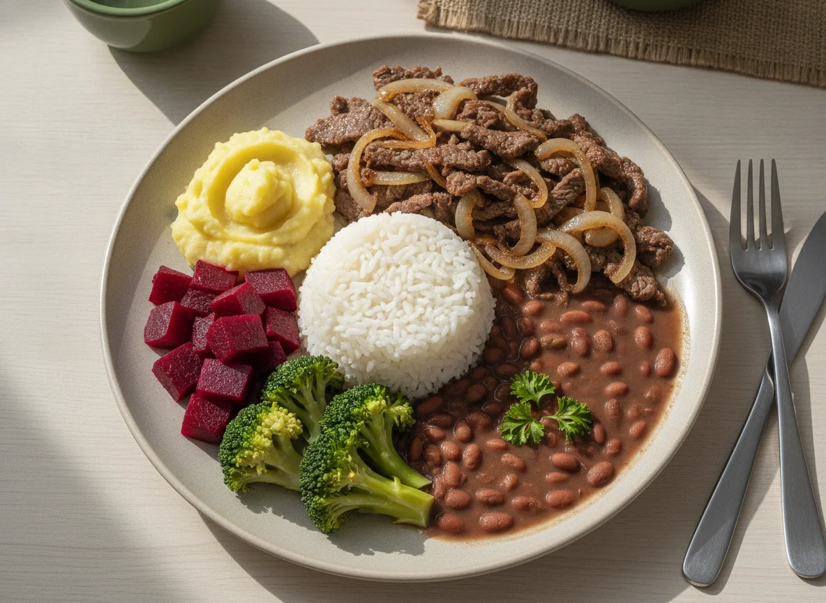 Prato Feito Brasileiro com Carne Acebolada, Arroz, Feijão, Brócolis e Beterraba photo