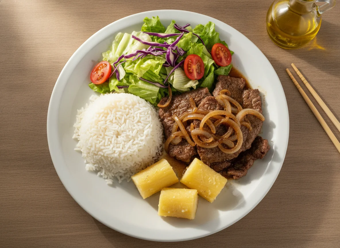 Prato Feito Brasileiro com Carne Acebolada, Arroz, Mandioca e Salada photo