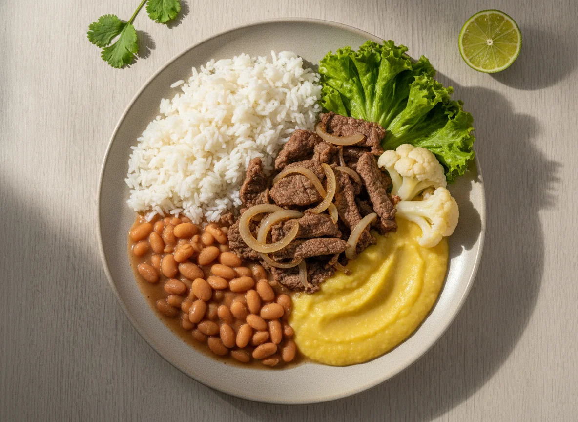 Prato Feito Brasileiro com Carne Acebolada e Creme de Milho photo