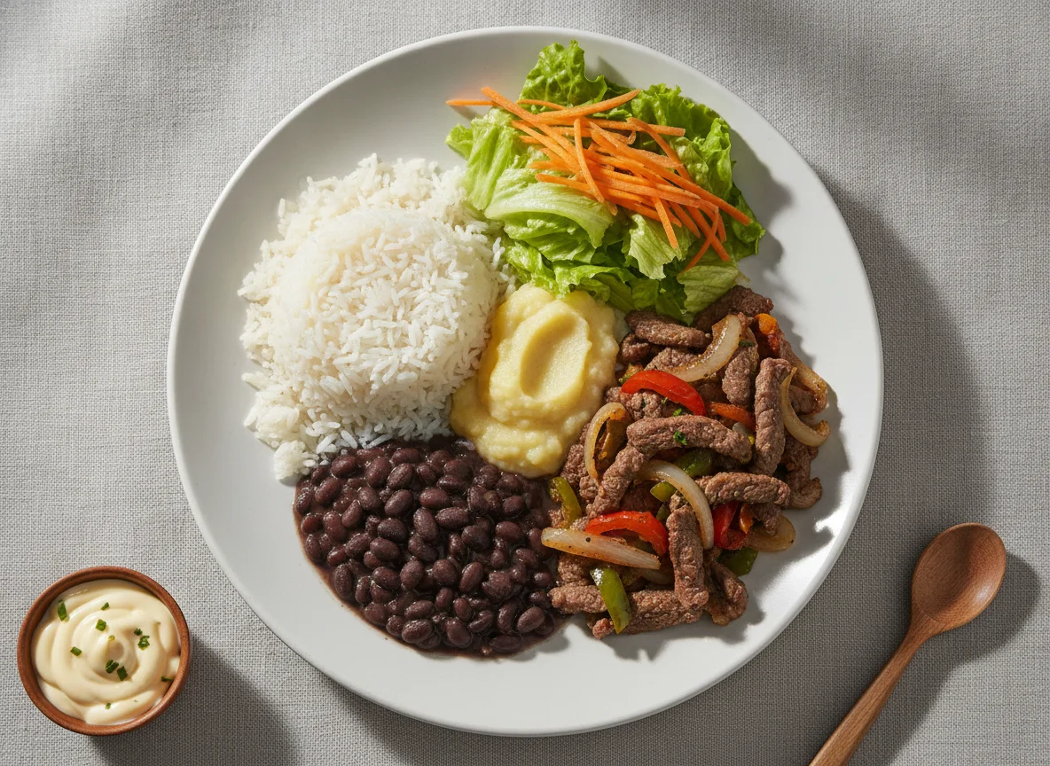 Prato Feito Brasileiro com Carne Acebolada e Purê photo