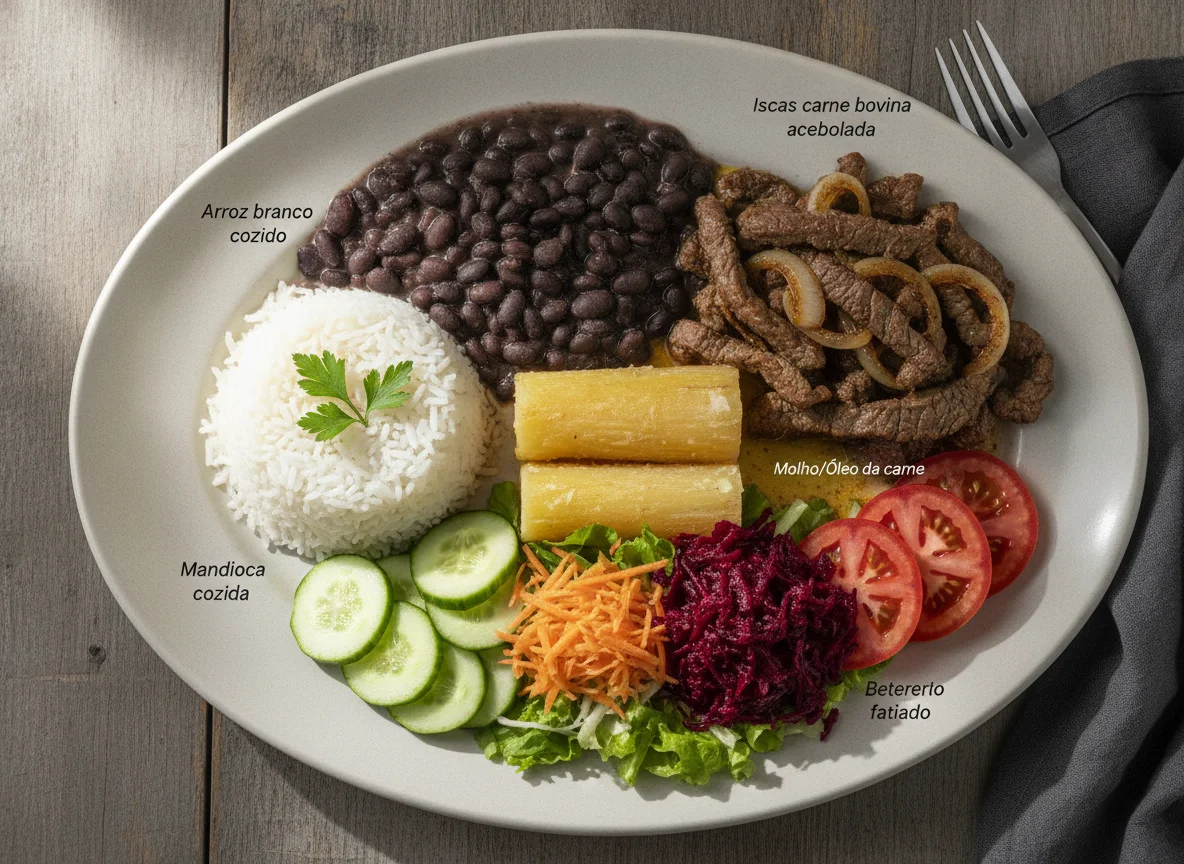 Prato Feito Brasileiro com Carne Acebolada e Salada Mista photo