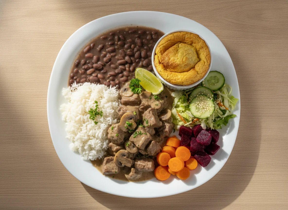 Prato Feito Brasileiro com Carne ao Molho de Cogumelos photo