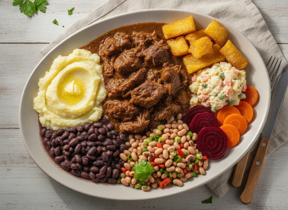 Prato Feito Brasileiro com Carne ao Molho e Acompanhamentos photo