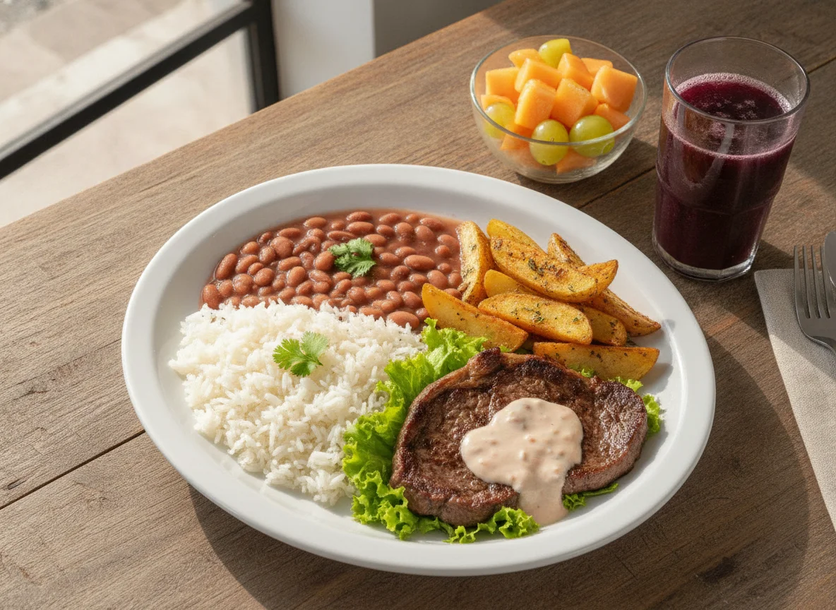 Prato Feito Brasileiro com Carne ao Molho e Salada de Frutas photo