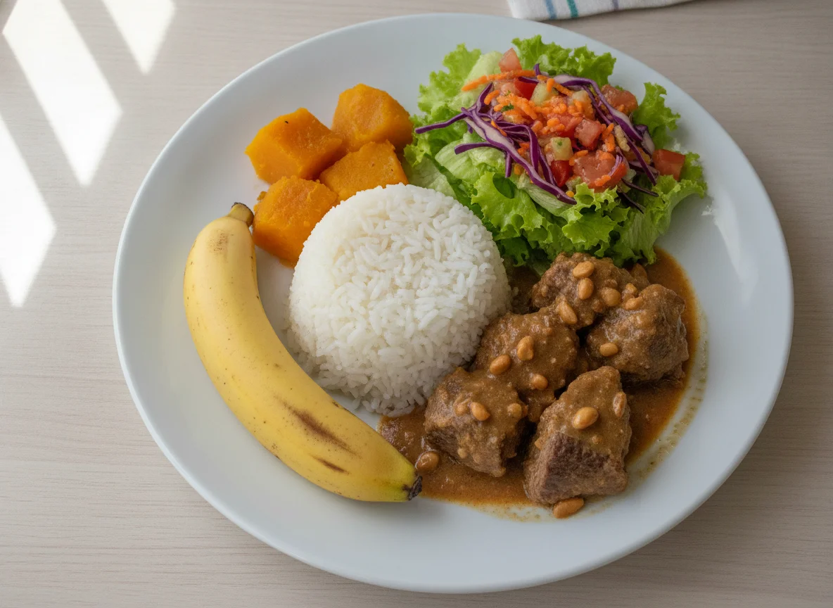 Prato Feito Brasileiro com Carne, Arroz, Abóbora, Salada e Banana photo