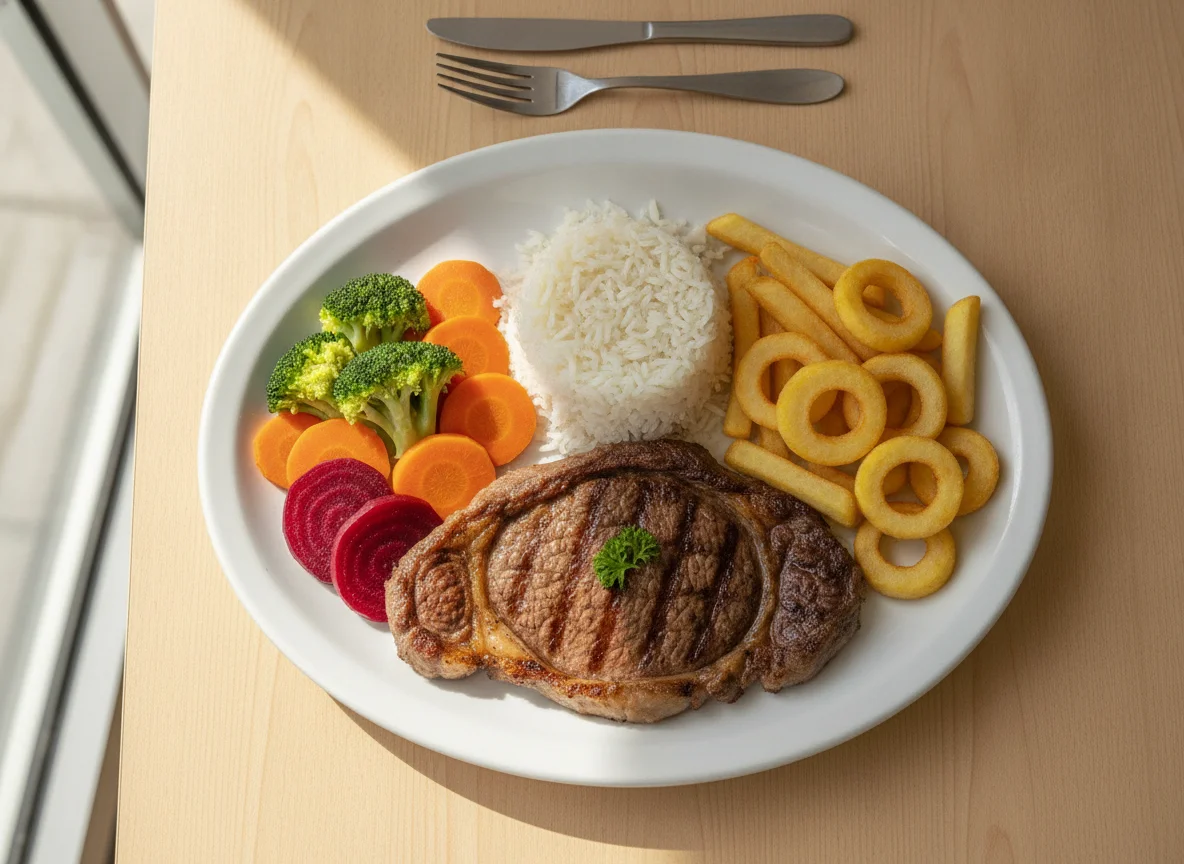 Prato feito brasileiro com carne, arroz, batata e legumes photo