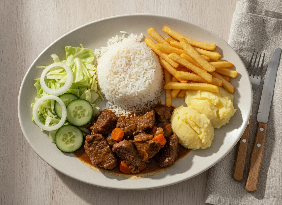 Prato Feito Brasileiro com Carne, Arroz, Batata e Salada photo